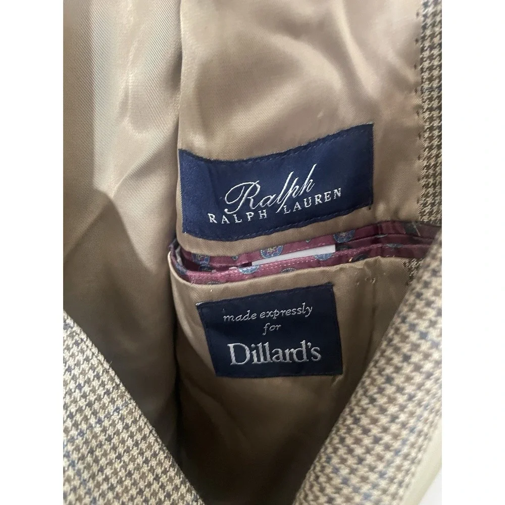 Vintage Ralph Lauren‎ Brown Wool Silk Blazer Mens 46L Houndstooth Sport Coat